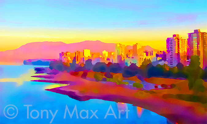 "West End – Colorful Dawn Panorama" – Vancouver art by painter Tony Max