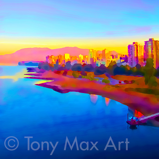 "West End – Colorful Dawn – Square" – Vancouver art by painter Tony Max