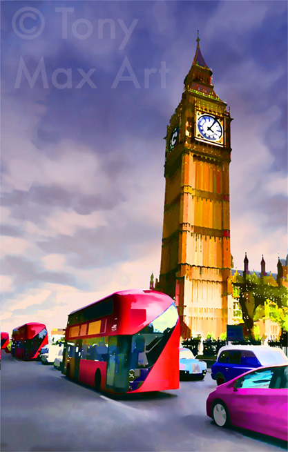 "Westminster and Double-Deckers" – London artists, English artists, London art prints, London art, British limited editions, English art, UK art, UK artists, UK painters, United Kingdon art, United Kingdom artists, English paintings, London paintings, English printmakers – London art by Tony Max