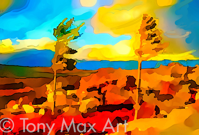 Windblown Pines 1 – Horizontal" –  classic Canadian landscape paintings by Tony Max