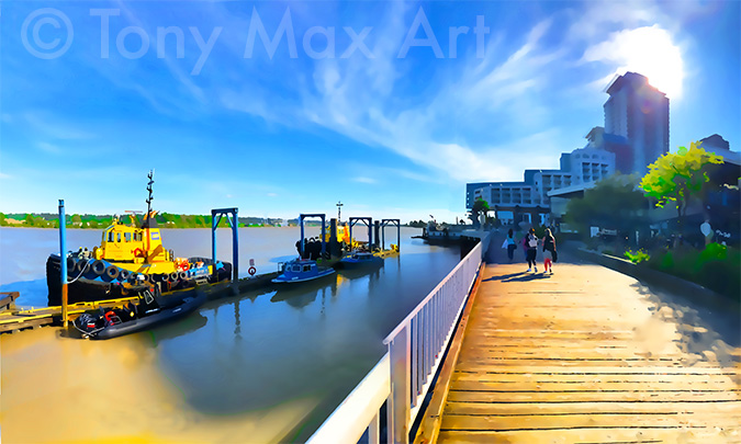 Yellow Tugs – Long"  - New Westminster art by master printmaker Tony Max