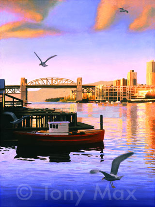 Burrard Bridge With Red Boat - Vancouver Art Print by artist Tony Max